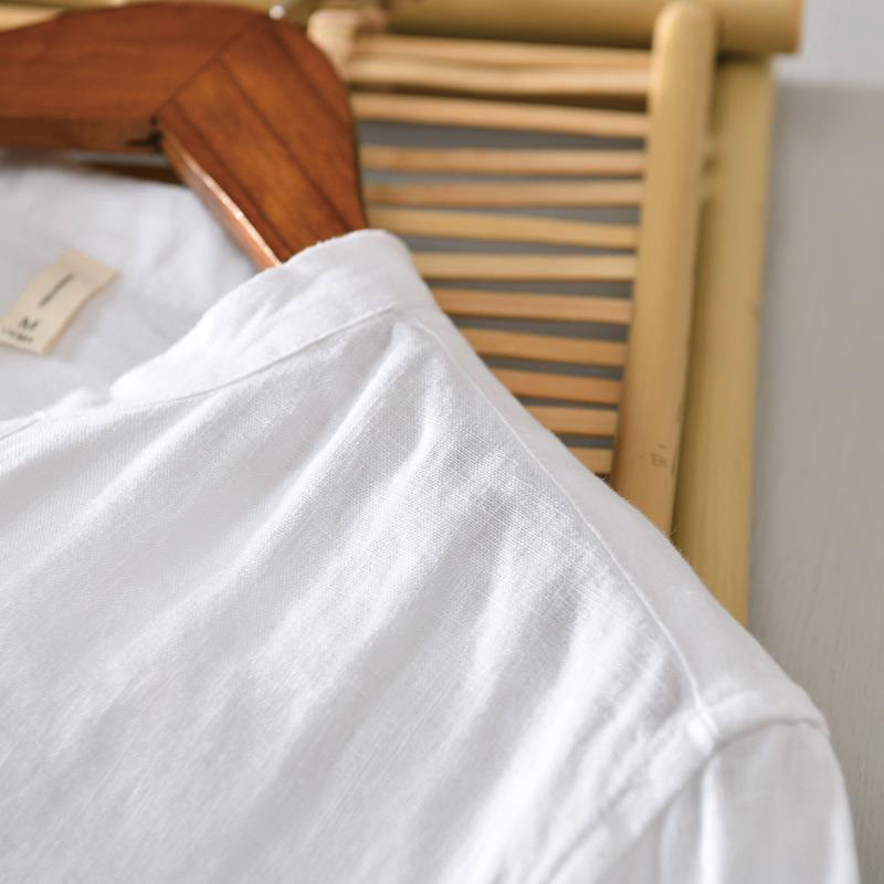 Buddha Stones Daily Solid Color Stand Collar Half Sleeve Linen Half Button Men's Shirt - image 8