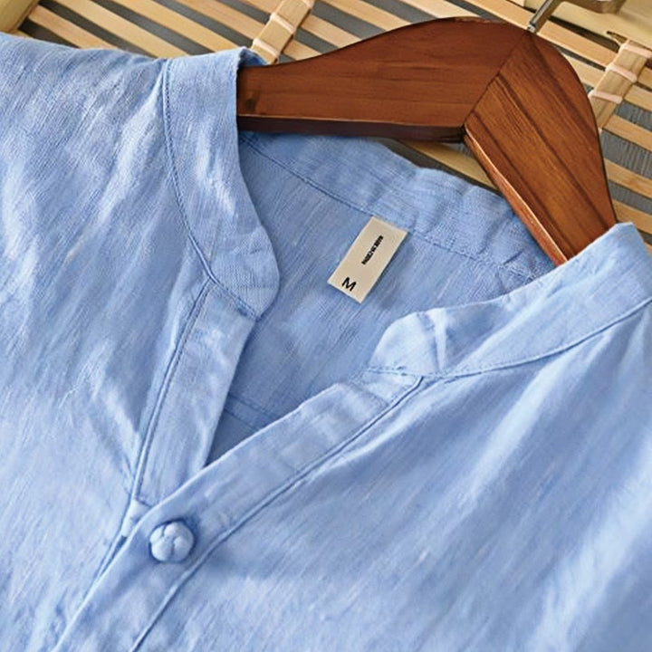 Buddha Stones Daily Solid Color Stand Collar Half Sleeve Linen Half Button Men's Shirt - image 13