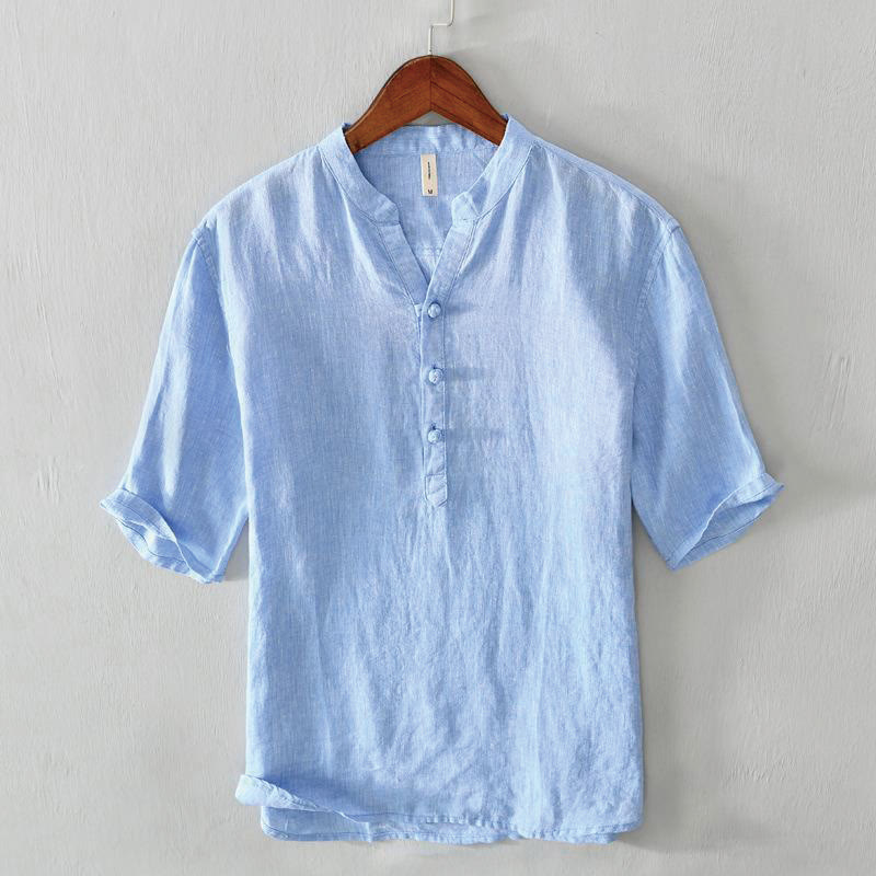 Buddha Stones Daily Solid Color Stand Collar Half Sleeve Linen Half Button Men's Shirt - CornflowerBlue - US/UK/AU42，EU52 (3XL) - image 12