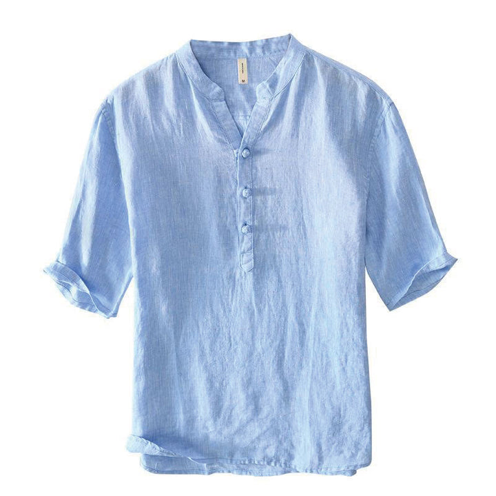Buddha Stones Daily Solid Color Stand Collar Half Sleeve Linen Half Button Men's Shirt - image 13