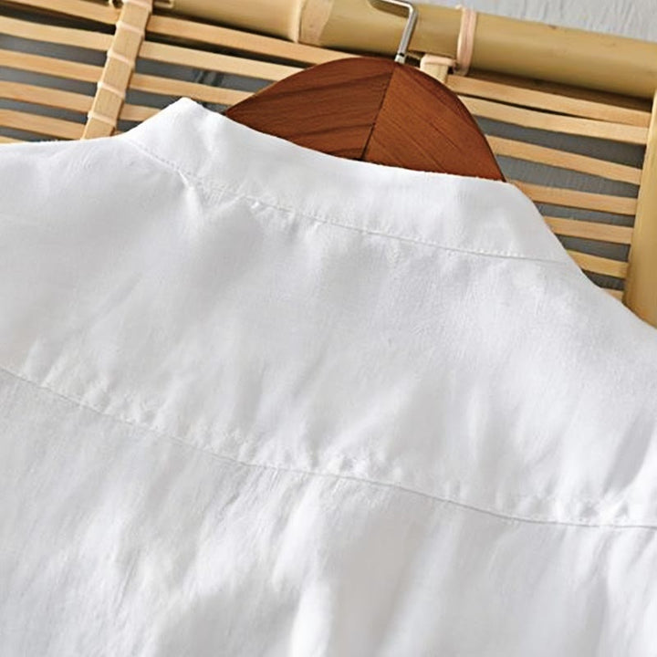 Buddha Stones Daily Solid Color Stand Collar Half Sleeve Linen Half Button Men's Shirt - image 9