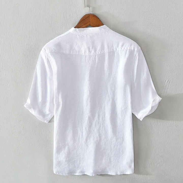 Buddha Stones Daily Solid Color Stand Collar Half Sleeve Linen Half Button Men's Shirt - image 7