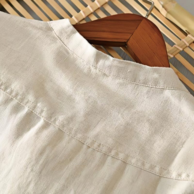 Buddha Stones Daily Solid Color Stand Collar Half Sleeve Linen Half Button Men's Shirt - image 1