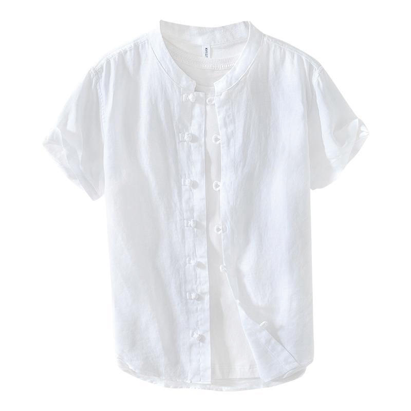 Buddha Stones Daily Frog-Button Stand Collar Short Sleeve Linen Men's Shirt - image 13