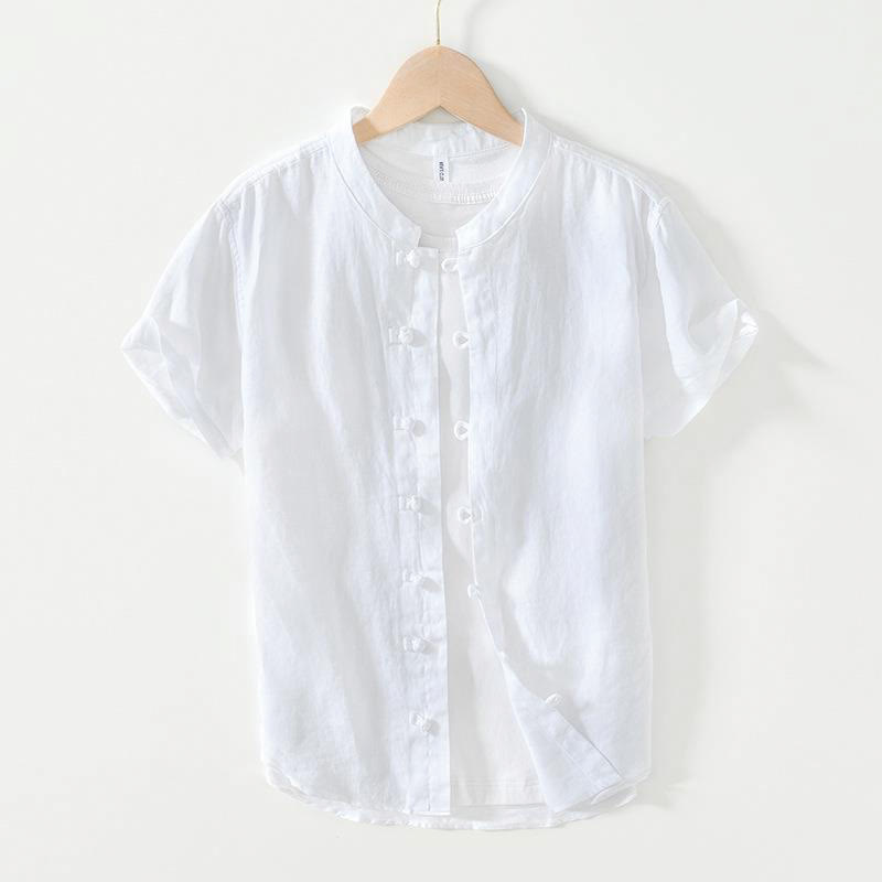 Buddha Stones Daily Frog-Button Stand Collar Short Sleeve Linen Men's Shirt - White - US/UK/AU42，EU52 (3XL) - image 7