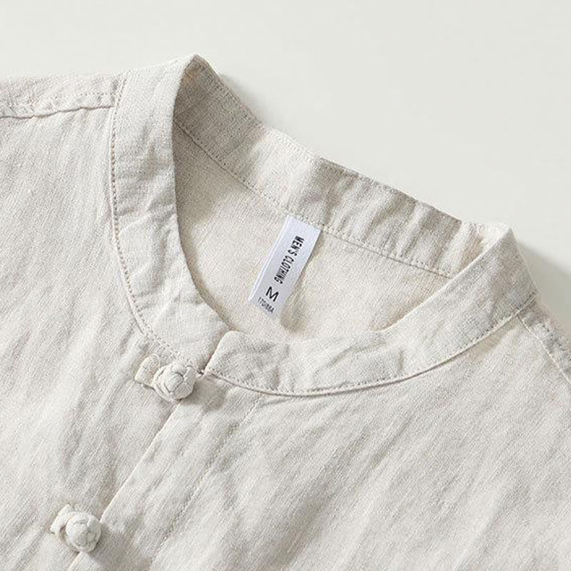 Buddha Stones Daily Frog-Button Stand Collar Short Sleeve Linen Men's Shirt - image 14