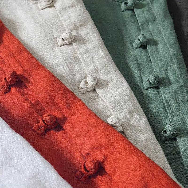 Buddha Stones Daily Frog-Button Stand Collar Short Sleeve Linen Men's Shirt - image 28