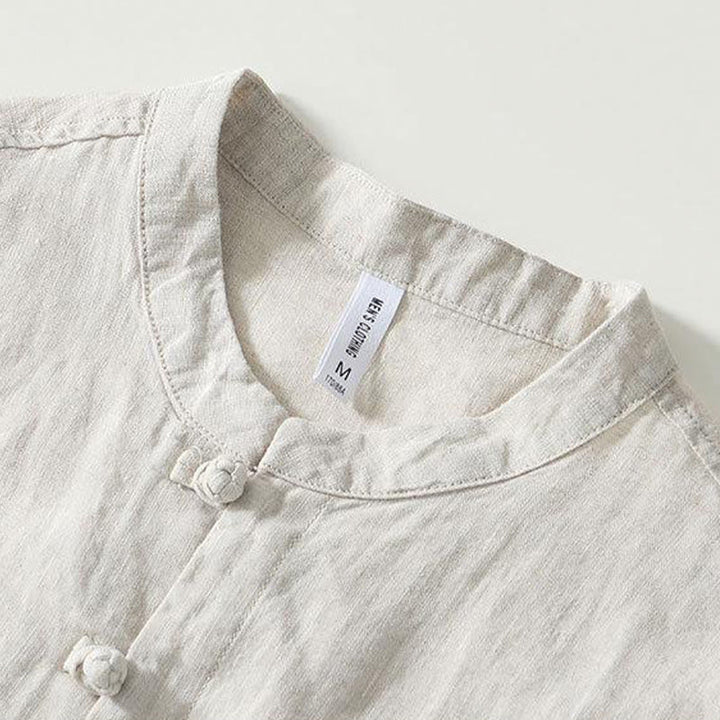 Buddha Stones Daily Frog-Button Stand Collar Short Sleeve Linen Men's Shirt - image 15