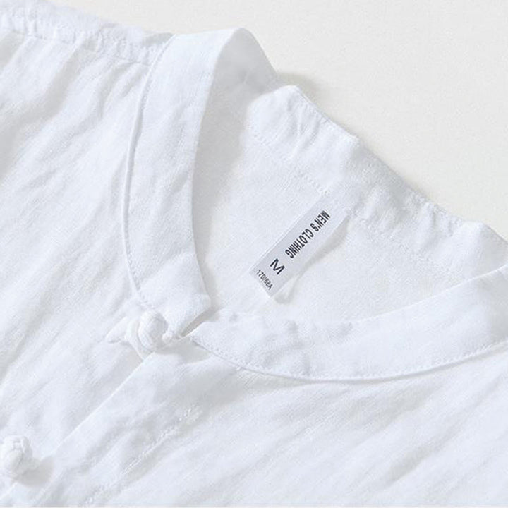 Buddha Stones Daily Frog-Button Stand Collar Short Sleeve Linen Men's Shirt - image 8