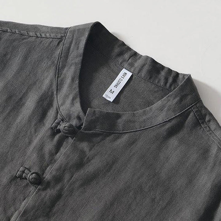 Buddha Stones Daily Frog-Button Stand Collar Short Sleeve Linen Men's Shirt - image 2