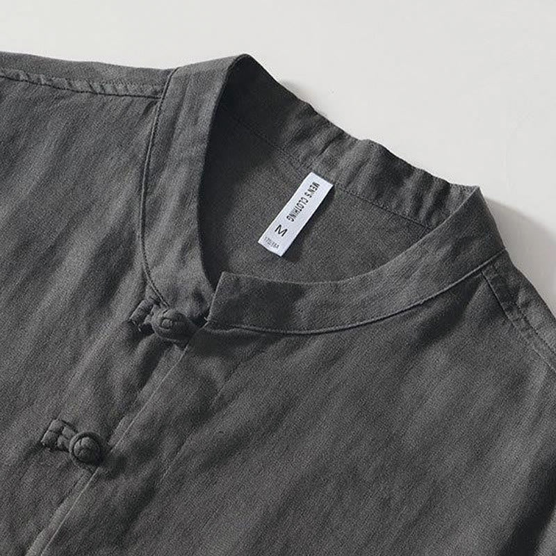 Buddha Stones Daily Frog-Button Stand Collar Short Sleeve Linen Men's Shirt - image 3