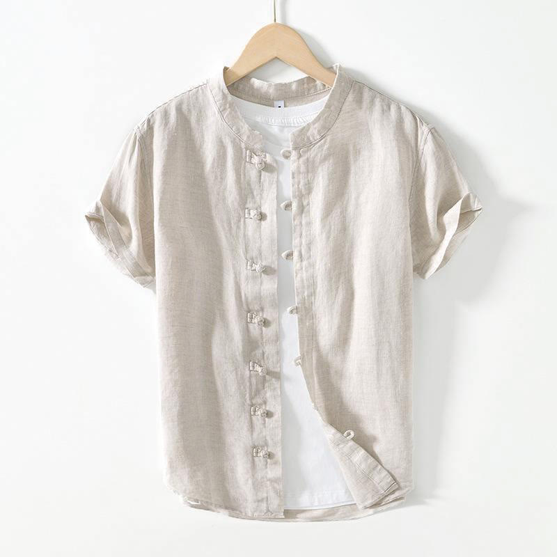 Buddha Stones Daily Frog-Button Stand Collar Short Sleeve Linen Men's Shirt - LightGrey - US/UK/AU42，EU52 (3XL) - image 13