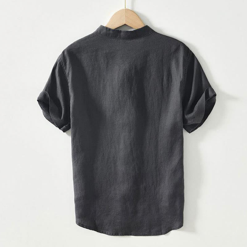 Buddha Stones Daily Frog-Button Stand Collar Short Sleeve Linen Men's Shirt - image 2
