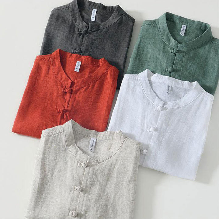 Buddha Stones Daily Frog-Button Stand Collar Short Sleeve Linen Men's Shirt - image 30