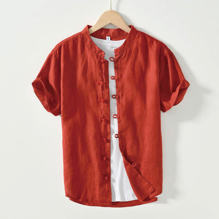 Buddha Stones Daily Frog-Button Stand Collar Short Sleeve Linen Men's Shirt - Red - US/UK/AU42，EU52 (3XL) - image 24