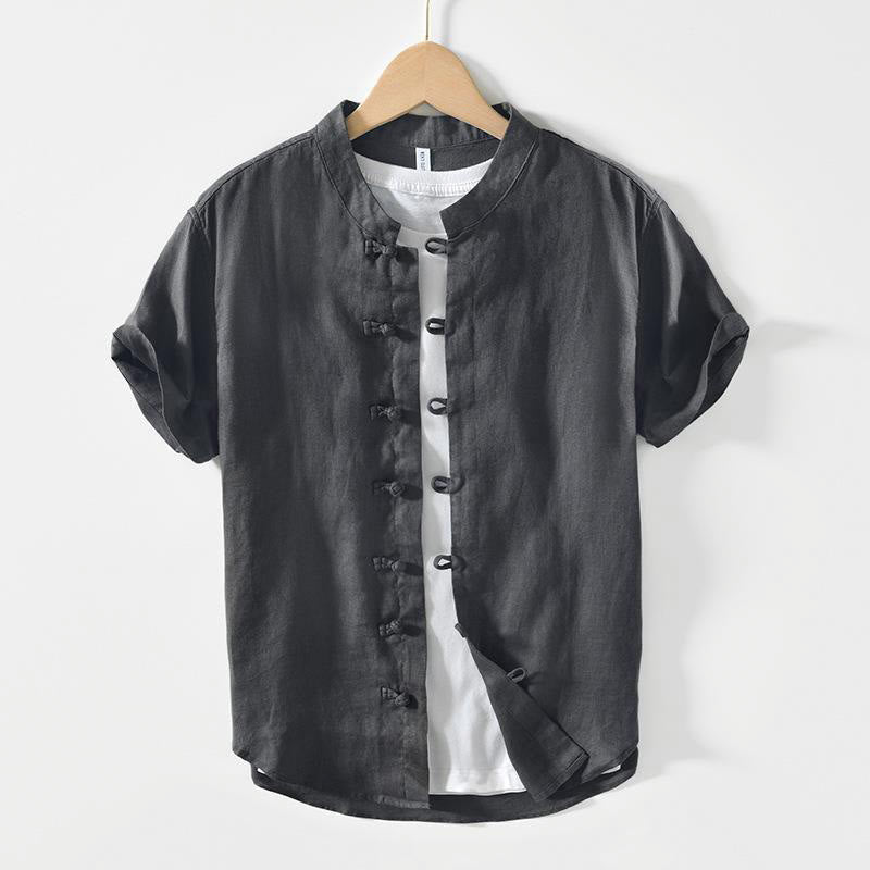 Buddha Stones Daily Frog-Button Stand Collar Short Sleeve Linen Men's Shirt - DimGray - US/UK/AU42，EU52 (3XL) - image 1