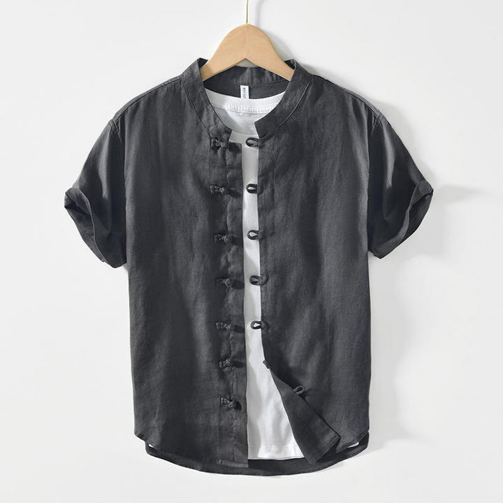 Buddha Stones Daily Frog-Button Stand Collar Short Sleeve Linen Men's Shirt - DimGray - US/UK/AU42，EU52 (3XL) - image 1