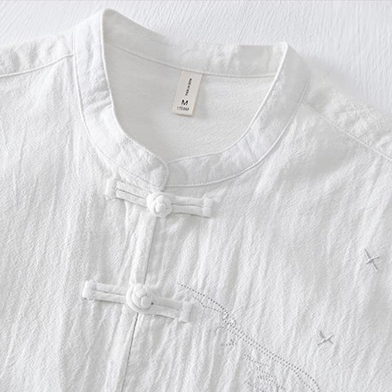 Buddha Stones Frog-button Mandarin Collar Embroidery Cotton Linen Short Sleeve Men's Shirt - image 12