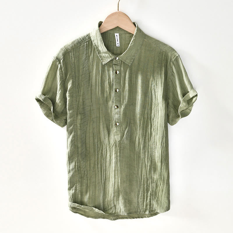 Buddha Stones Causal Plain Lapel Ramie Linen Half Button Men's Shirt - YellowGreen - US/UK/AU44，EU54 (4XL) - image 19