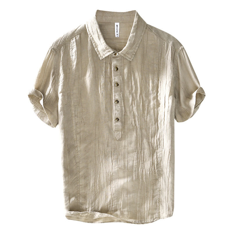 Buddha Stones Causal Plain Lapel Ramie Linen Half Button Men's Shirt - image 6