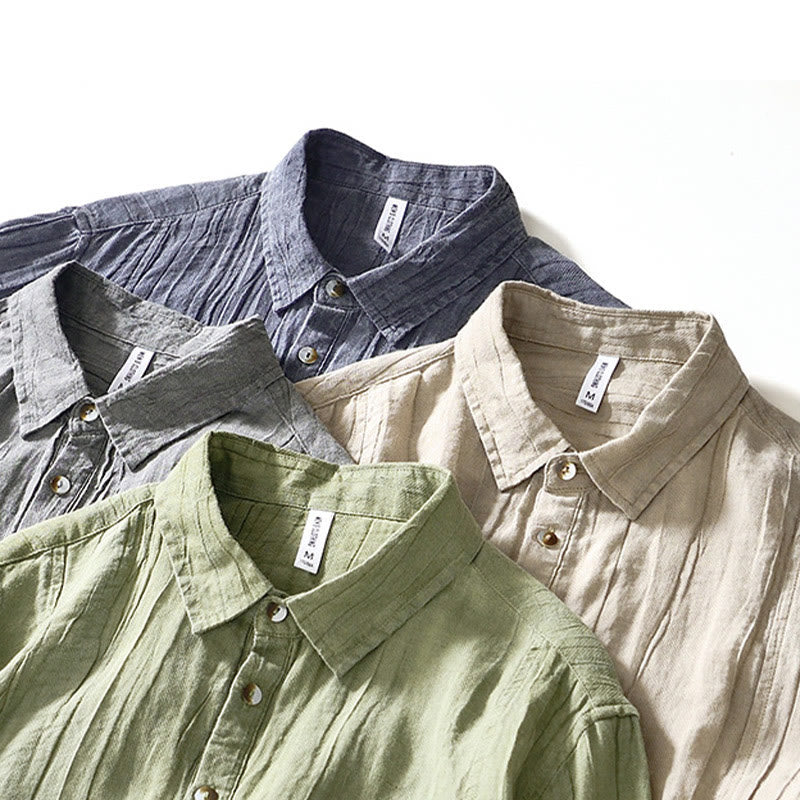 Buddha Stones Causal Plain Lapel Ramie Linen Half Button Men's Shirt - image 25