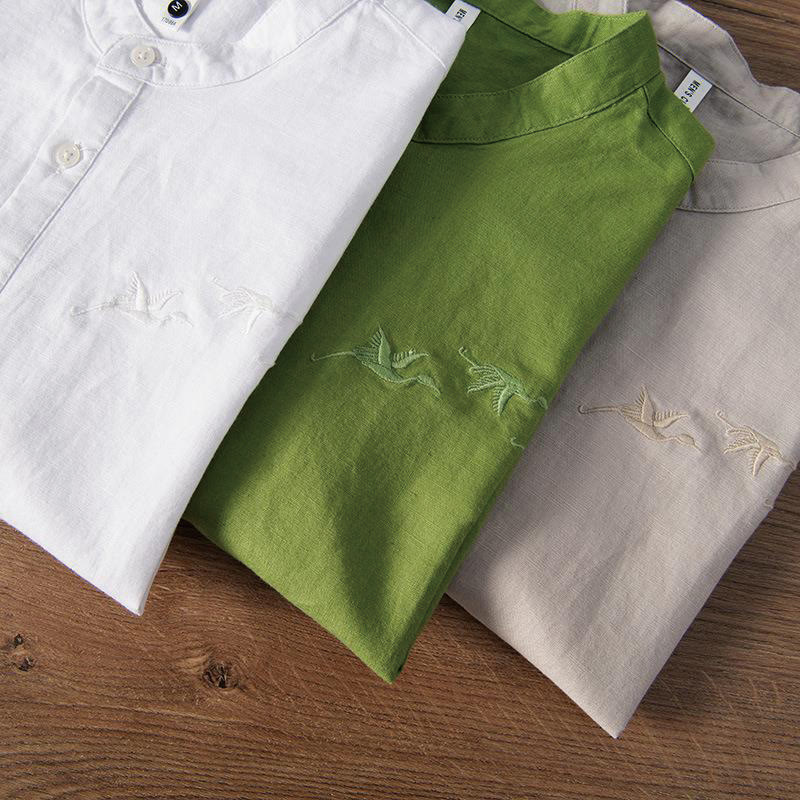 Buddha Stones Soft Embroidery Crane Pattern Stand Collar Cotton Linen Half Button Men's Shirt - image 17