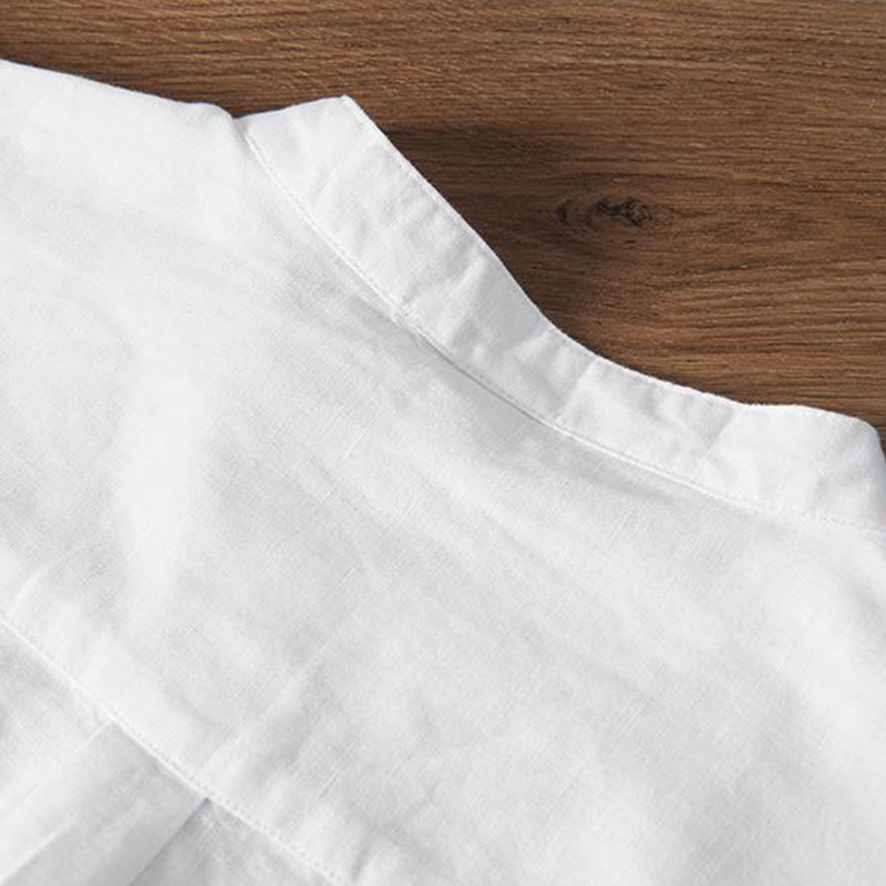 Buddha Stones Soft Embroidery Crane Pattern Stand Collar Cotton Linen Half Button Men's Shirt - image 4