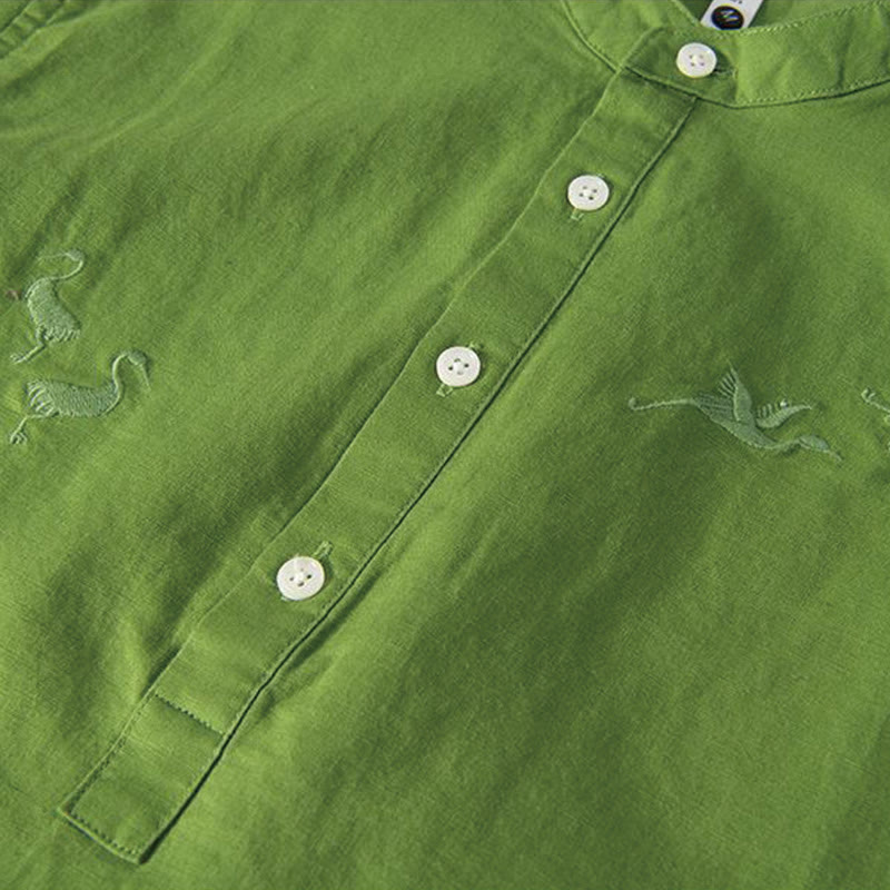 Buddha Stones Soft Embroidery Crane Pattern Stand Collar Cotton Linen Half Button Men's Shirt - image 12