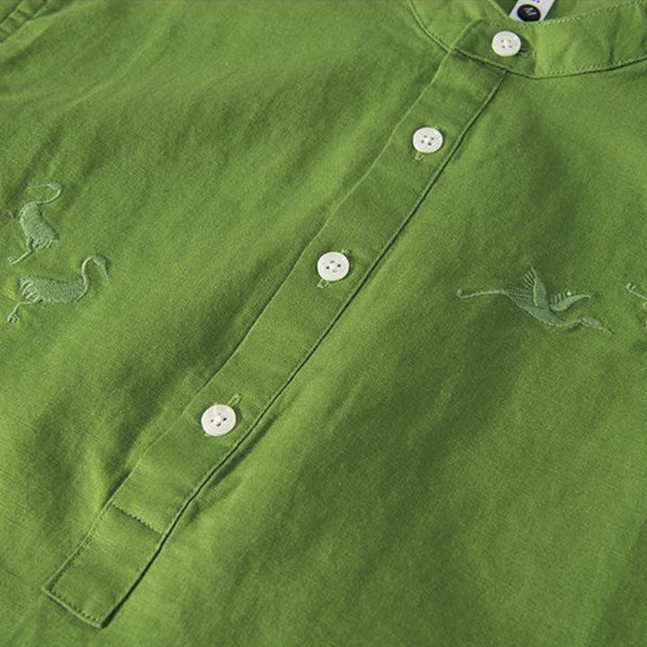 Buddha Stones Soft Embroidery Crane Pattern Stand Collar Cotton Linen Half Button Men's Shirt - image 12