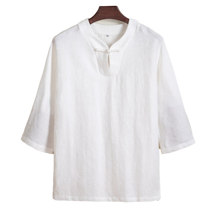 Buddha Stones White Frog-button Linen Three Quarter Sleeve Men's Shirt - image 6