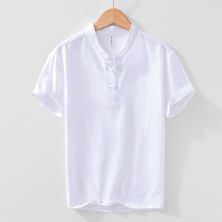 Buddha Stones Soft Plain Frog-button Crew Neck Cotton Linen Half Button Men's Shirt - White - US/UK/AU42，EU52 (3XL) - image 15