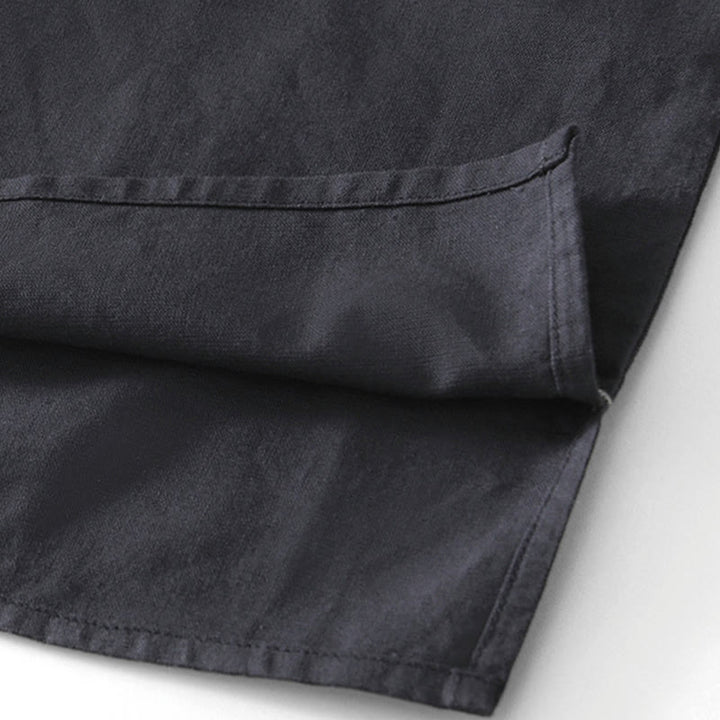 Buddha Stones Soft Plain Frog-button Crew Neck Cotton Linen Half Button Men's Shirt - image 14