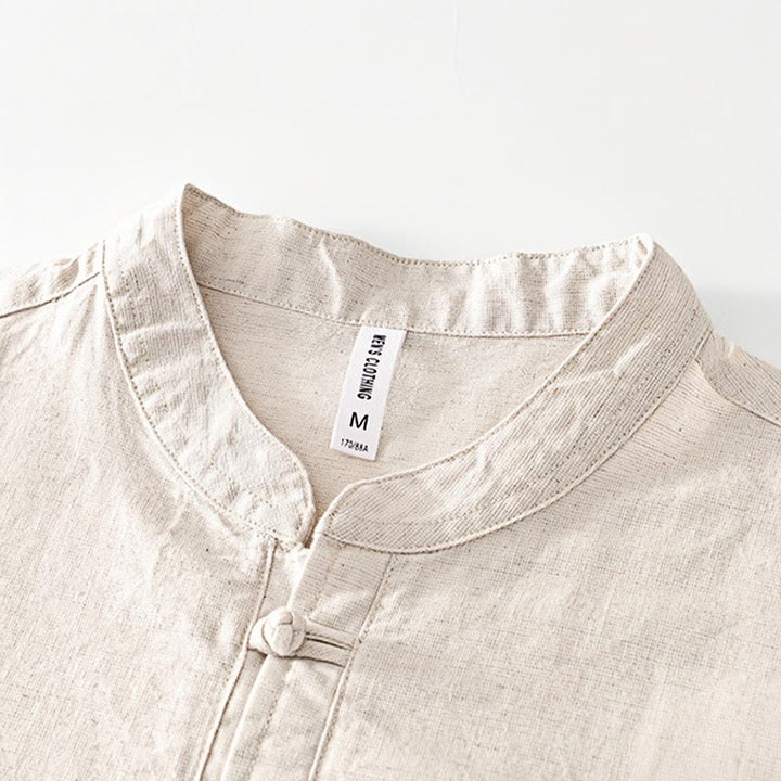 Buddha Stones Soft Plain Frog-button Crew Neck Cotton Linen Half Button Men's Shirt - image 1