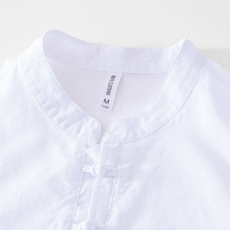 Buddha Stones Soft Plain Frog-button Crew Neck Cotton Linen Half Button Men's Shirt - image 16