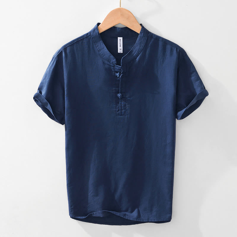 Buddha Stones Soft Plain Frog-button Crew Neck Cotton Linen Half Button Men's Shirt - Navy - US/UK/AU42，EU52 (3XL) - image 5