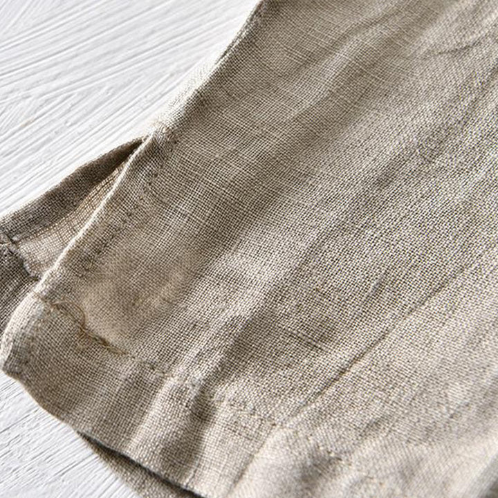 Buddha Stones Simple Design Short Sleeve Lapel Linen Half Button Men's Shirt - image 3