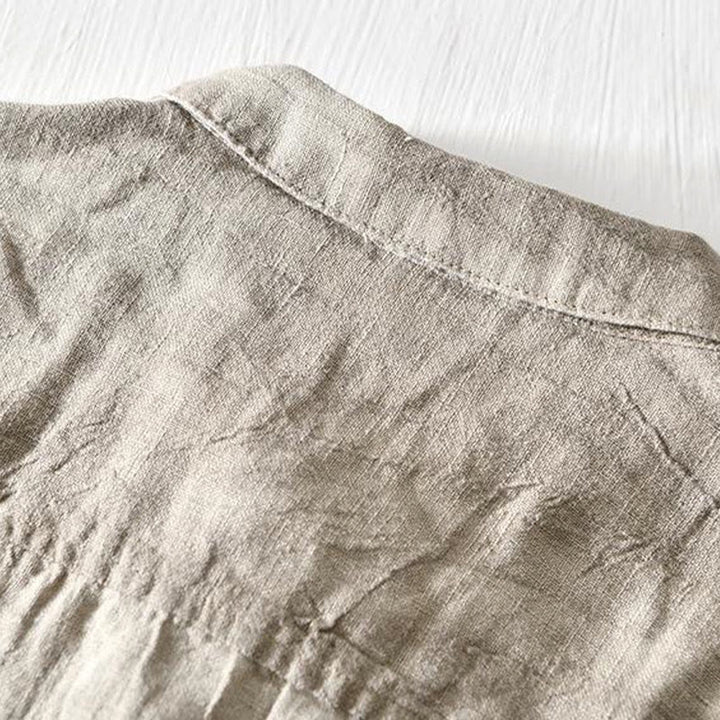 Buddha Stones Simple Design Short Sleeve Lapel Linen Half Button Men's Shirt - image 2