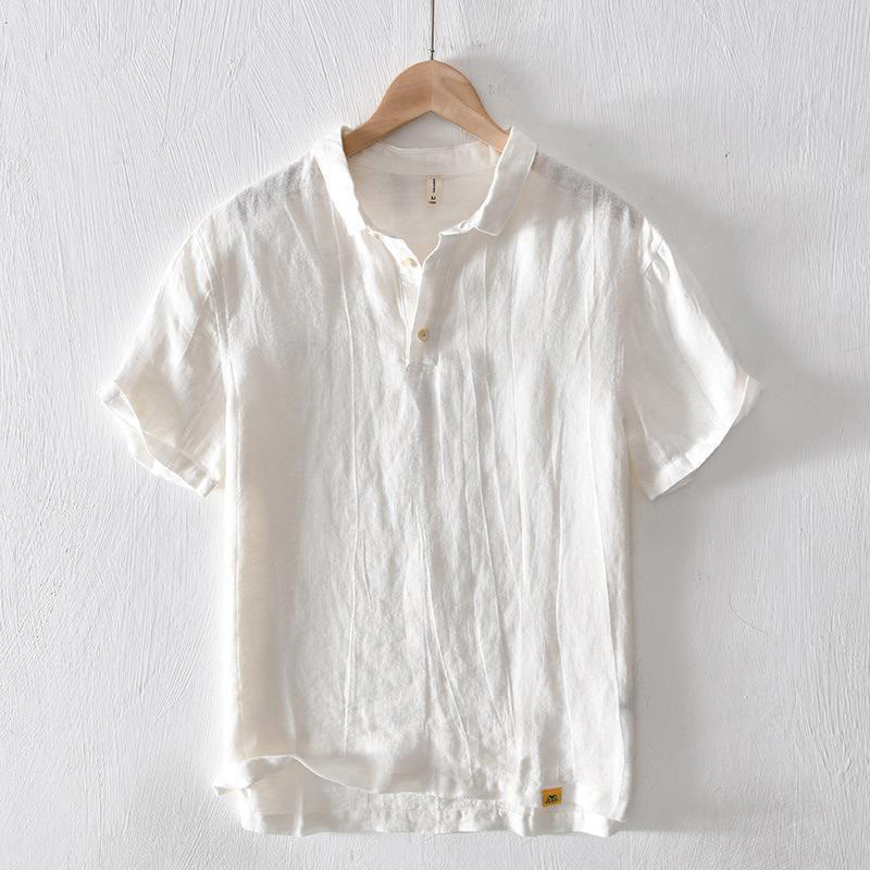 Buddha Stones Simple Design Short Sleeve Lapel Linen Half Button Men's Shirt - White - US/UK/AU42，EU52 (3XL) - image 4