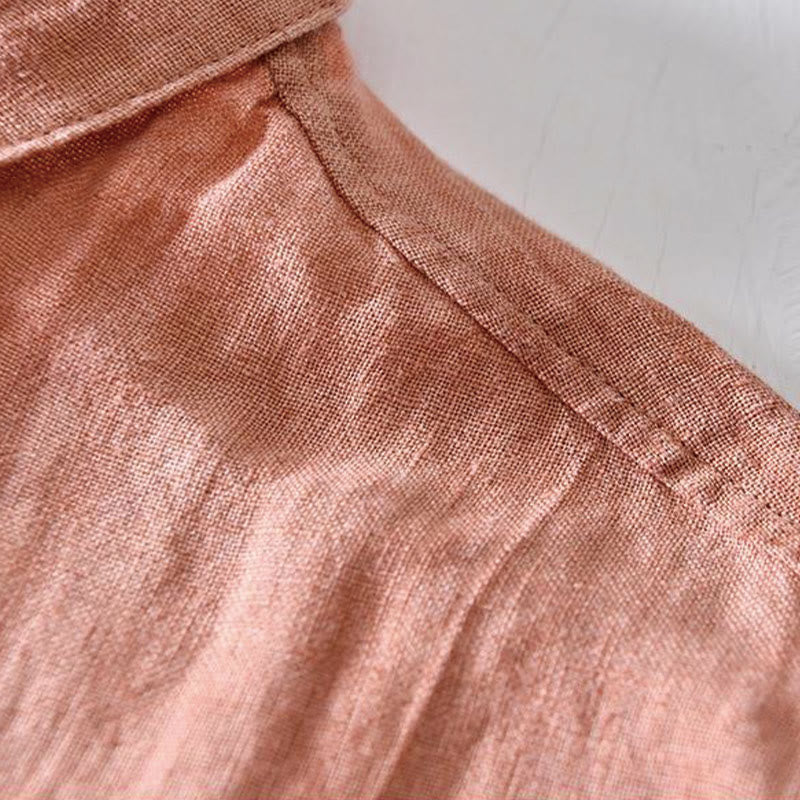 Buddha Stones Simple Design Short Sleeve Lapel Linen Half Button Men's Shirt - image 15