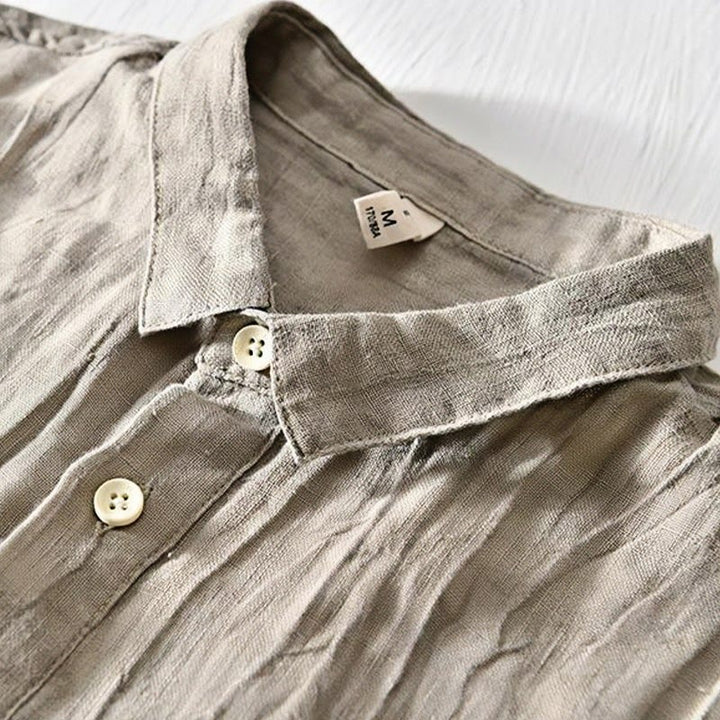 Buddha Stones Simple Design Short Sleeve Lapel Linen Half Button Men's Shirt - image 1