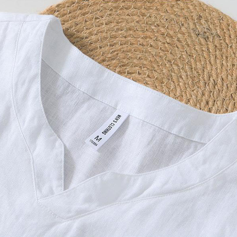 Buddha Stones Casual Plain V-neck Short Sleeve Linen Men's Shirt - image 22