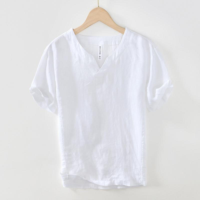 Buddha Stones Casual Plain V-neck Short Sleeve Linen Men's Shirt