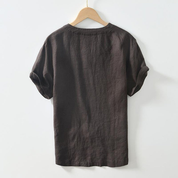 Buddha Stones Casual Plain V-neck Short Sleeve Linen Men's Shirt - image 6