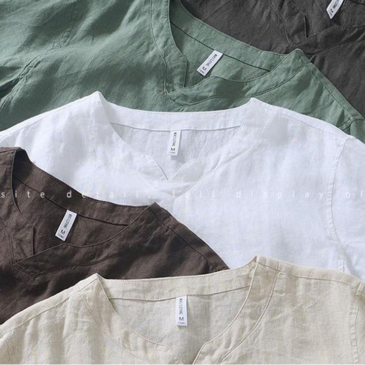 Buddha Stones Casual Plain V-neck Short Sleeve Linen Men's Shirt - image 27