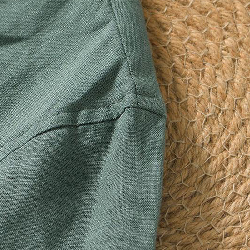 Buddha Stones Casual Plain V-neck Short Sleeve Linen Men's Shirt
