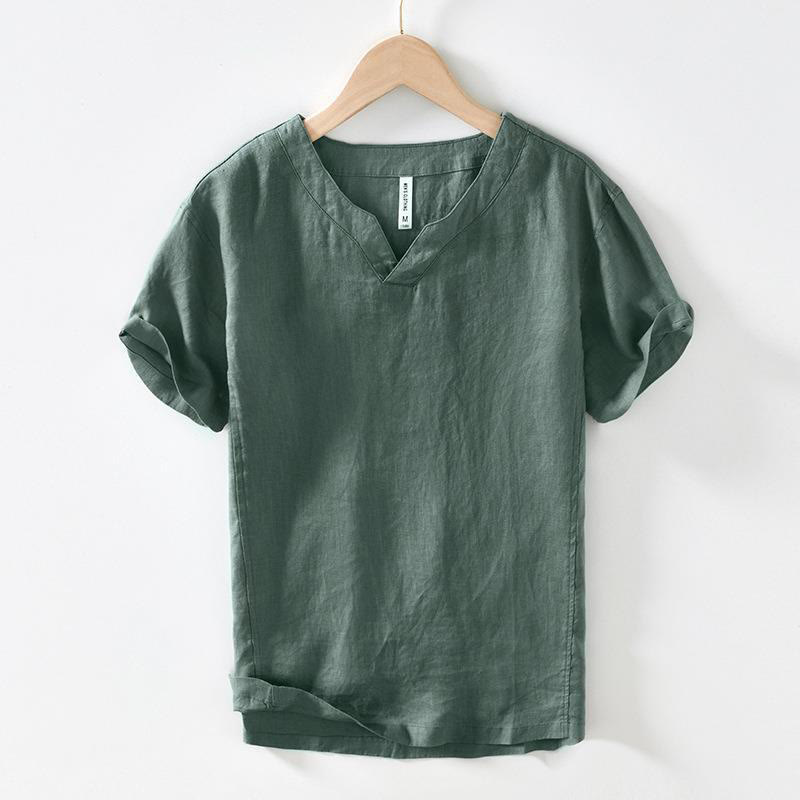 Buddha Stones Casual Plain V-neck Short Sleeve Linen Men's Shirt - SeaGreen - US/UK/AU42，EU52 (3XL) - image 11