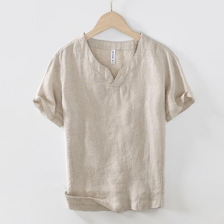 Buddha Stones Casual Plain V-neck Short Sleeve Linen Men's Shirt - PaleGoldenrod - US/UK/AU42，EU52 (3XL) - image 0