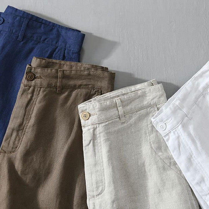 Buddha Stones Solid Color Drawstring Linen Men's Shorts With Pockets