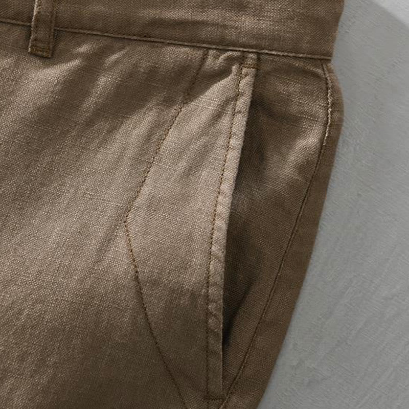 Buddha Stones Solid Color Drawstring Linen Men's Shorts With Pockets