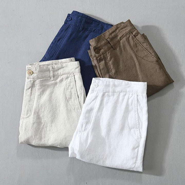 Buddha Stones Solid Color Drawstring Linen Men's Shorts With Pockets